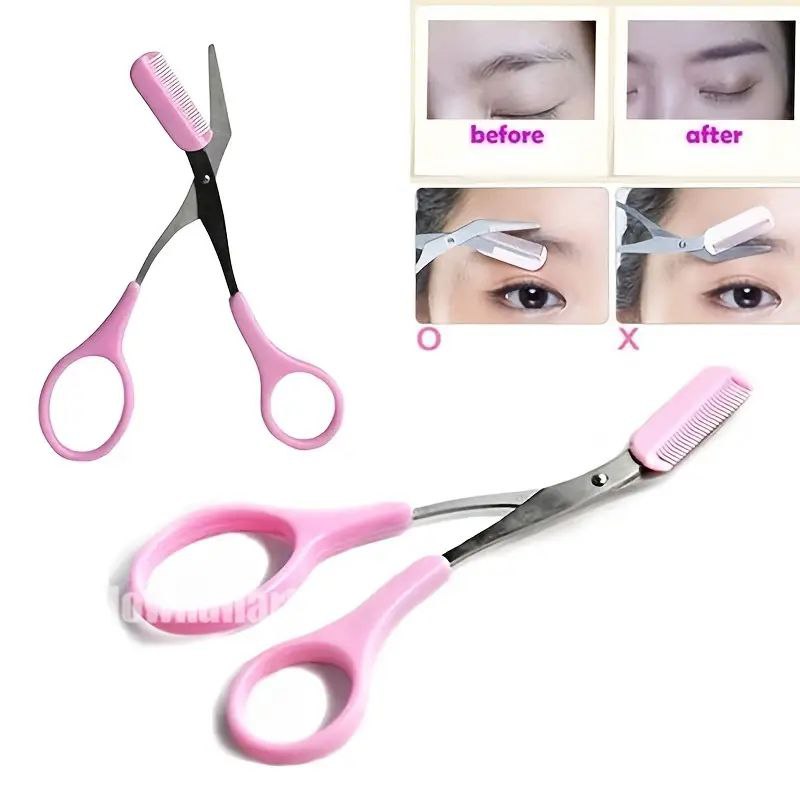 Eyebrow Trimmer Stainless Steel Scissor With Comb - Pink