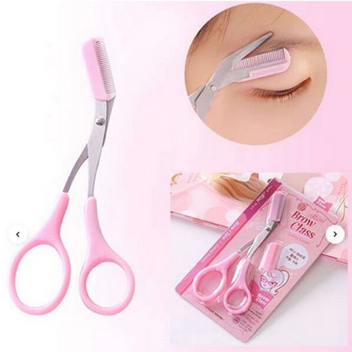 Eyebrow Trimmer Stainless Steel Scissor With Comb - Pink