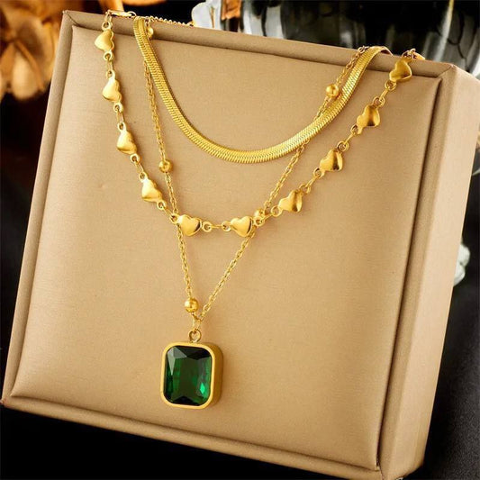 Gold-Plated Layered Heart Necklace with Green Gem Pendant