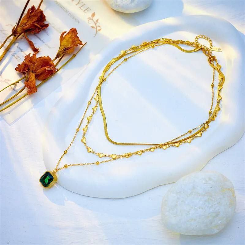 Gold-Plated Layered Heart Necklace with Green Gem Pendant