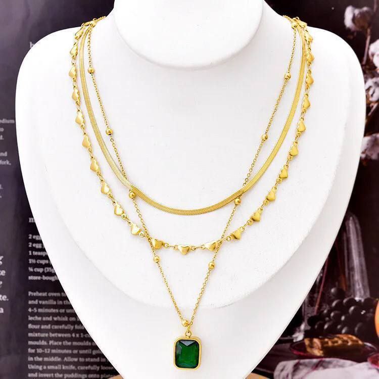 Gold-Plated Layered Heart Necklace with Green Gem Pendant